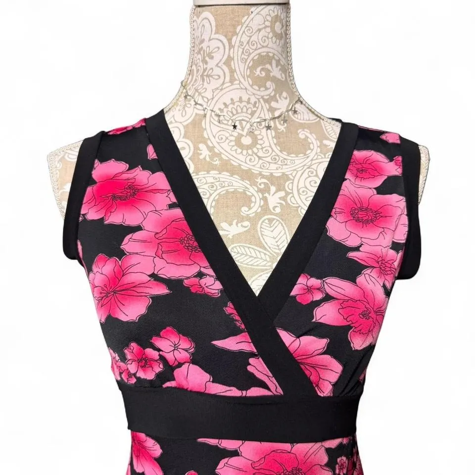 Y2K Black Pink Floral Wrap Top Tie Back Women's Small Sleeveless V Neck USA Made - Image 3