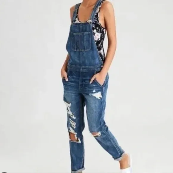 American Eagle Outfitters Tomgirl Overalls Distressed Denim Blue Size M - Image 7