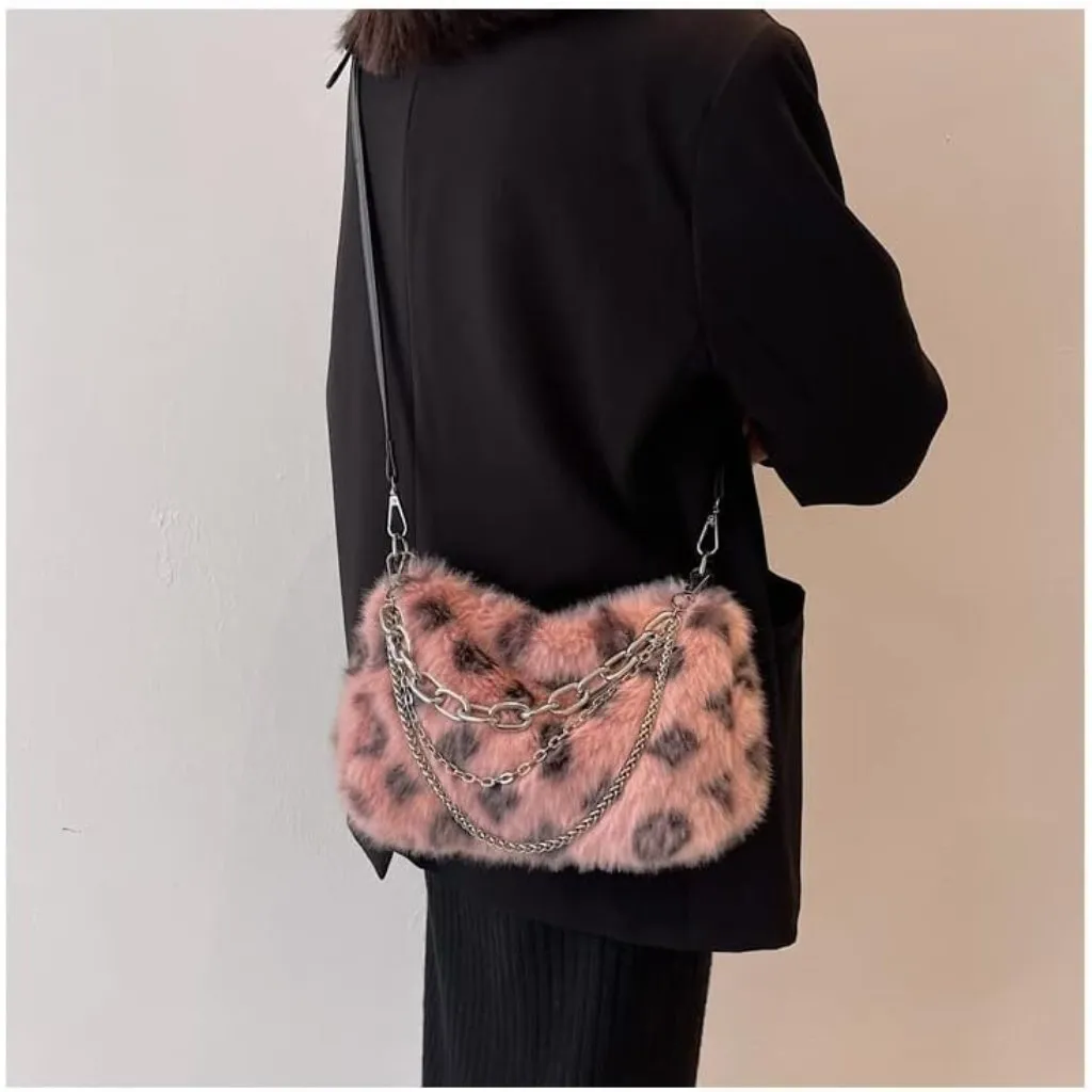 ⚡ Women's New Leopard Tan Print Plush Vintage Zip Closure Shoulder Hobo Bag - Image 2