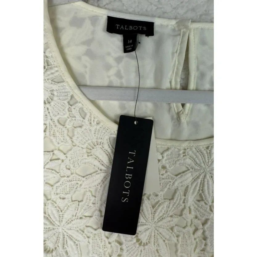 NEW Talbots Shirt Womens 14‎ Ivory Floral Lace Short Sleeve Scalloped Hem Casual - Image 3