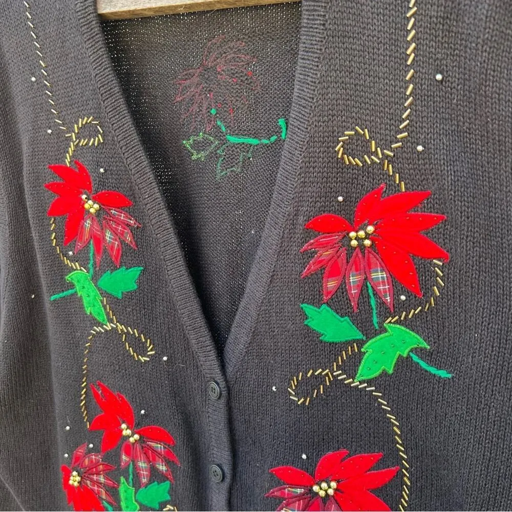 Vintage 90s Y2K appliqué poinsettia beaded sweater vest volup 26W/28W - Image 2