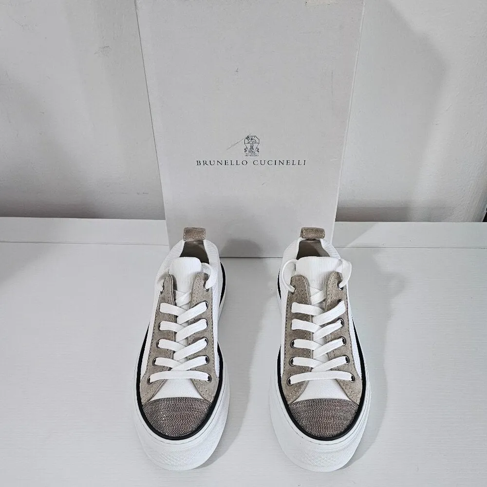 Brunello Cucinelli Knit and Suede Sneakers with precious toe /White/ Size 38 1/2 - Image 3