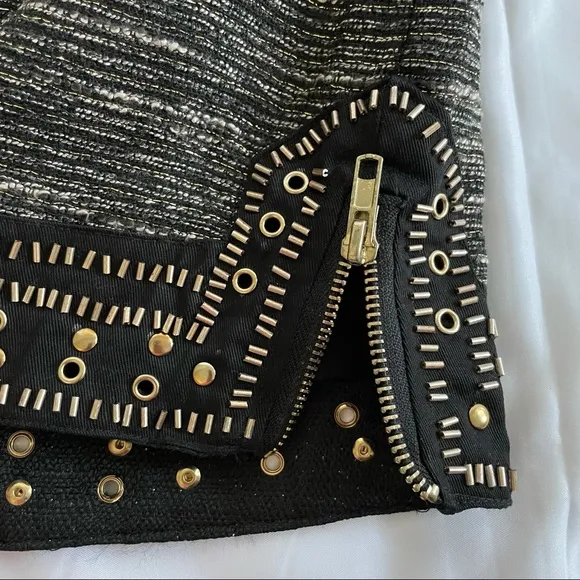 New  Beaded Grommet Hem Side Zip Tweed Mini Skirt Black Gold - Image 7