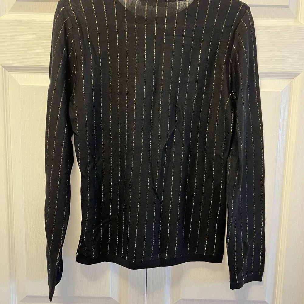 FRAME Striped Metallic Wool-Blend Long-Sleeve Sweater Top Size M Black And Gold - Image 8