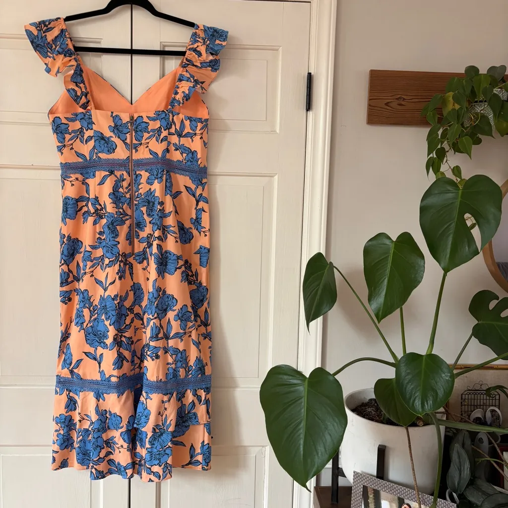 Alice + Olivia Jade Ruffled Floral Midi Dress Coral Blue Lace Illusion Size 12 - Image 12