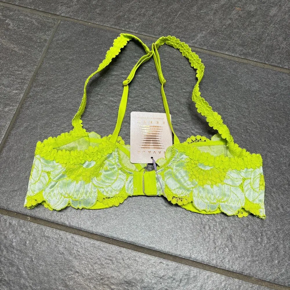 Savage X Fenty Perfect Poppies Unlined Lace Demi Bra 32B Green Blue Romantic Size undefined - Image 6