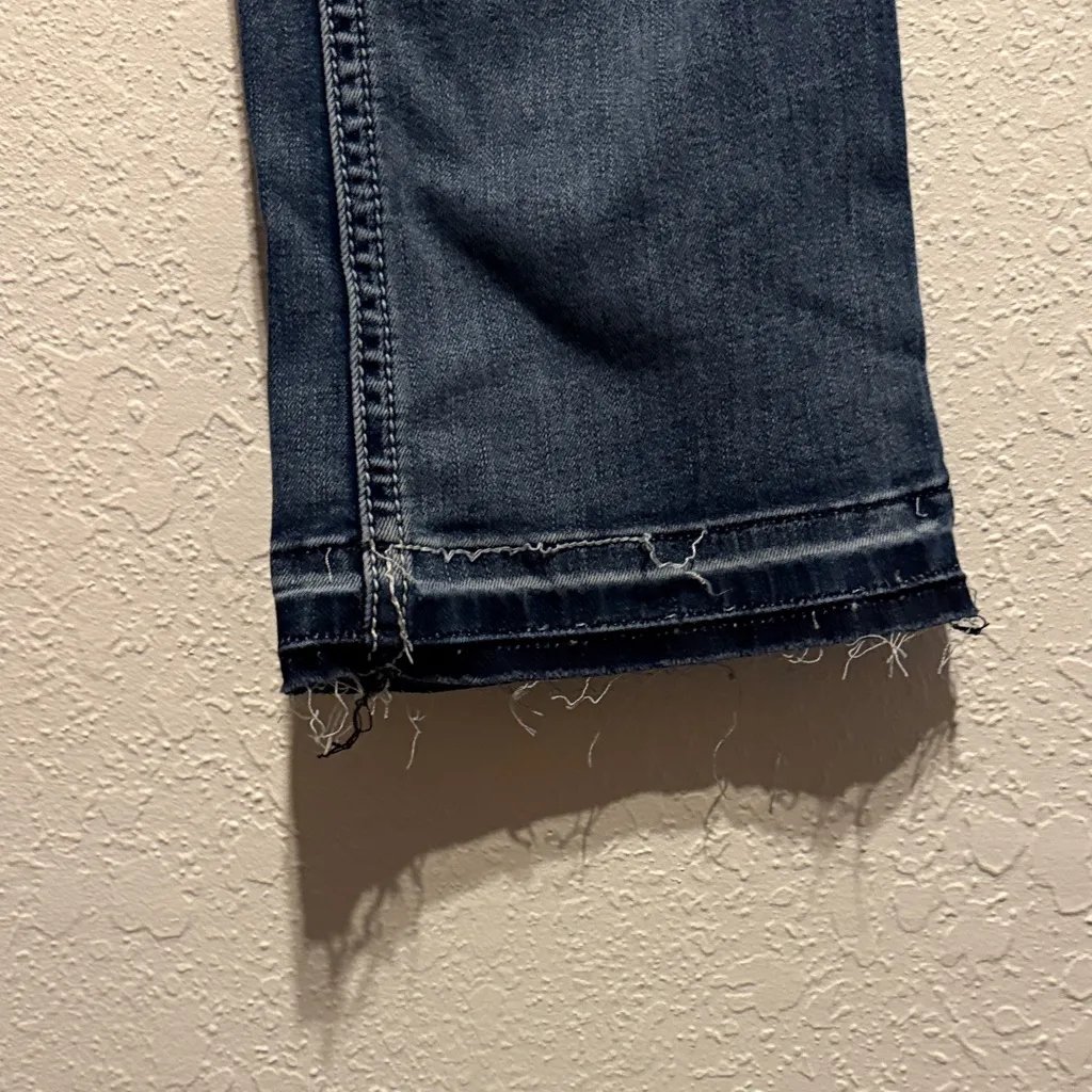 Charme Indigo Boot Cut Jeans Two Tone Raw Hem Distressed Embroidered Pockets 28 Blue - Image 6