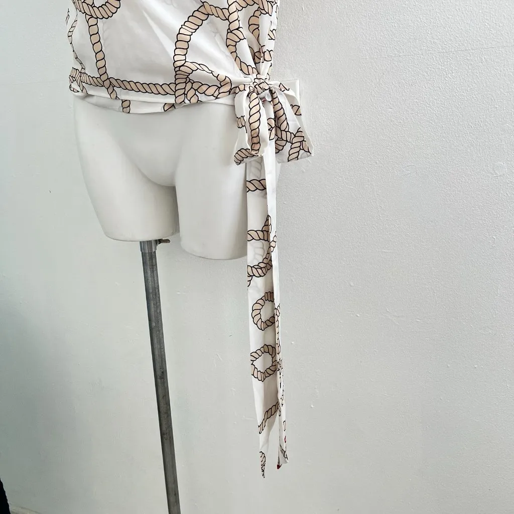 Marine Rope Print Wrap Blouse Short Puff Sleeves Coastal Beach Style Top NWOT Red Size L - Image 7