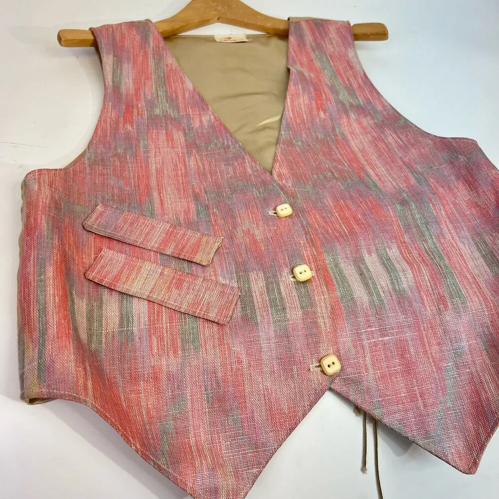 Vintage Linen Vest Pastel Aztec Small Western Button Up 90s Pink Retro - Image 3