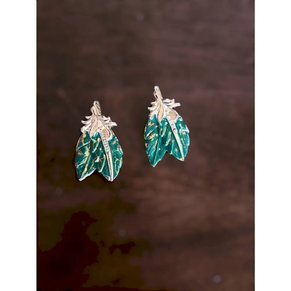 Vintage 80's Green‎ Gold Silver Toned Leafy Clip On Earrings Retro 90's Elegant Green - Image 2