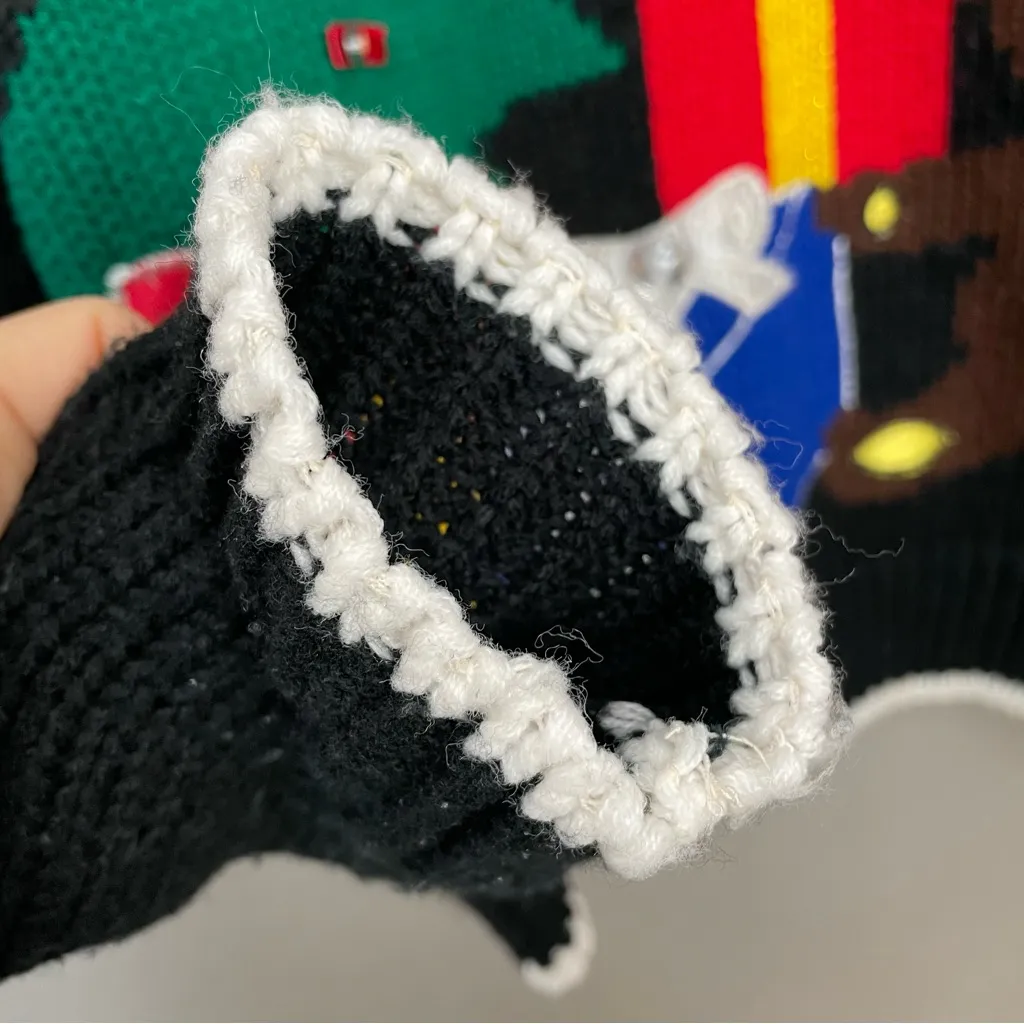 Vintage Christmas Sweater Teddy Bear Quirky Ugly Fun Tree FLAWS Women Medium Black - Image 15