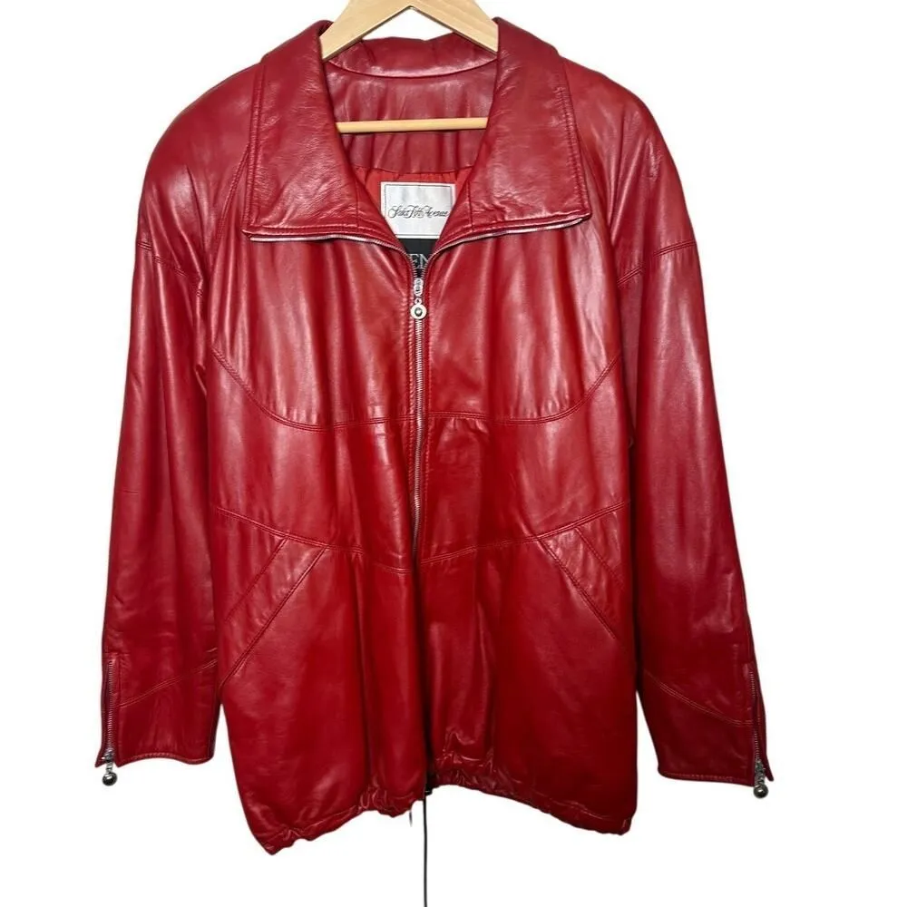 VTG Saks x Siena Red Leather Bomber Jacket Women's Sz. S - Image 2