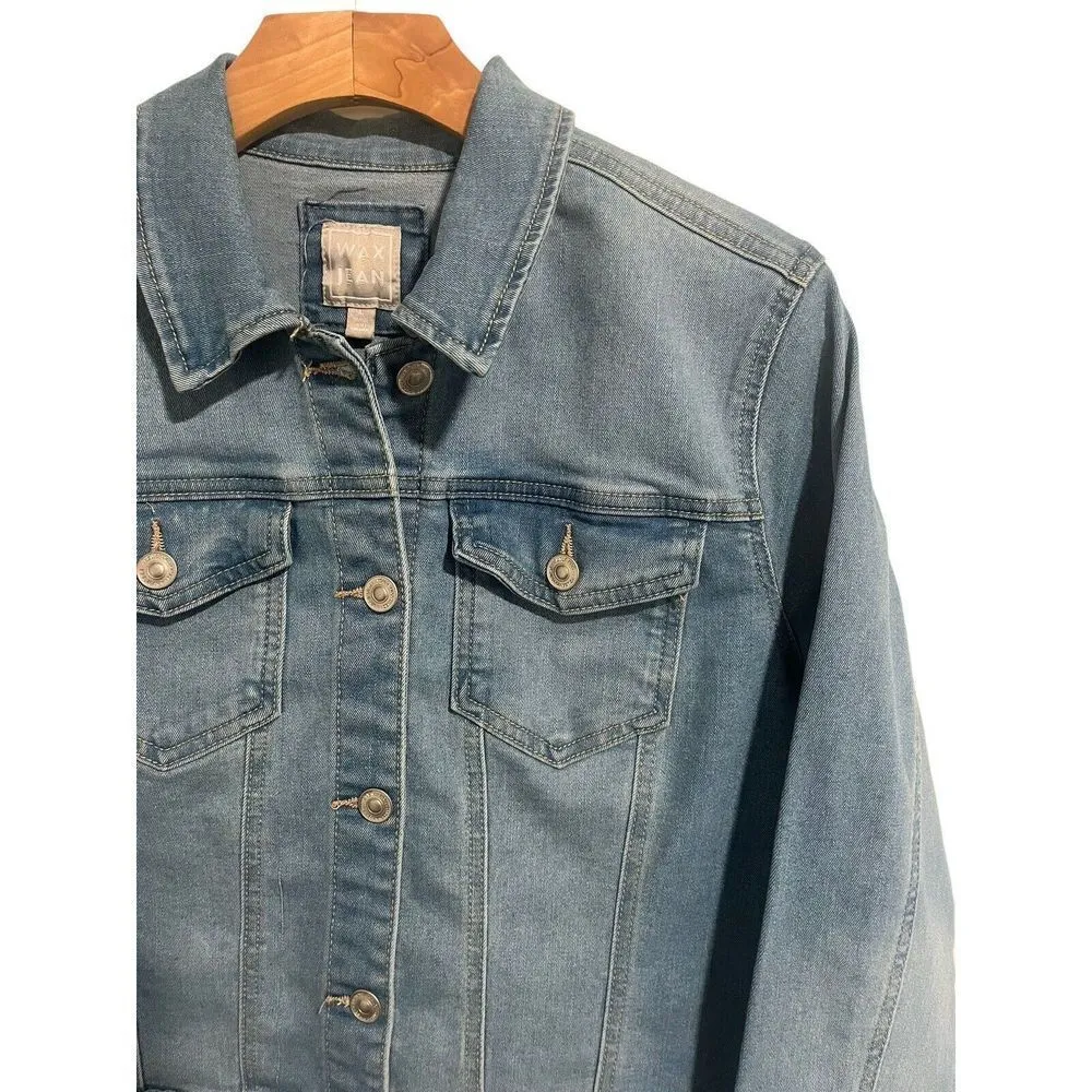 Wax Jean Jacket Womens Medium Denim Trucker Blue Stretch Buttons Long Sleeve NEW - Image 2