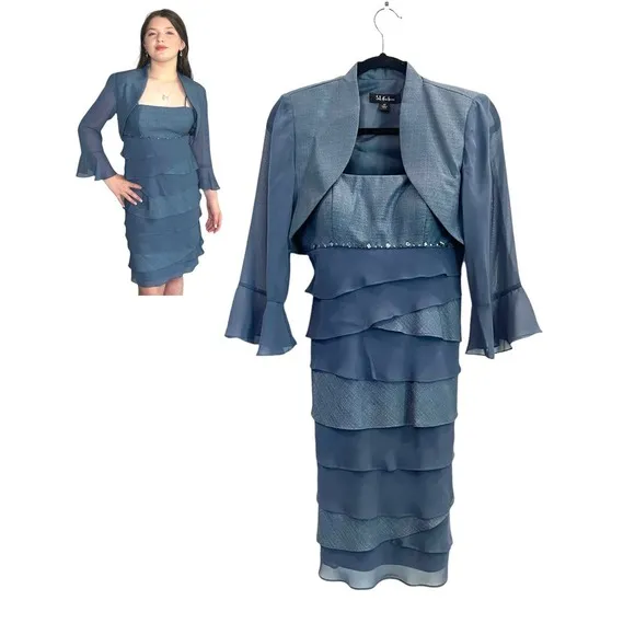 SL Fashions Formal DRESS 2+ CROP JACKET 6P Blue Tiered Beaded Ruffled Mob Wife - Image 2