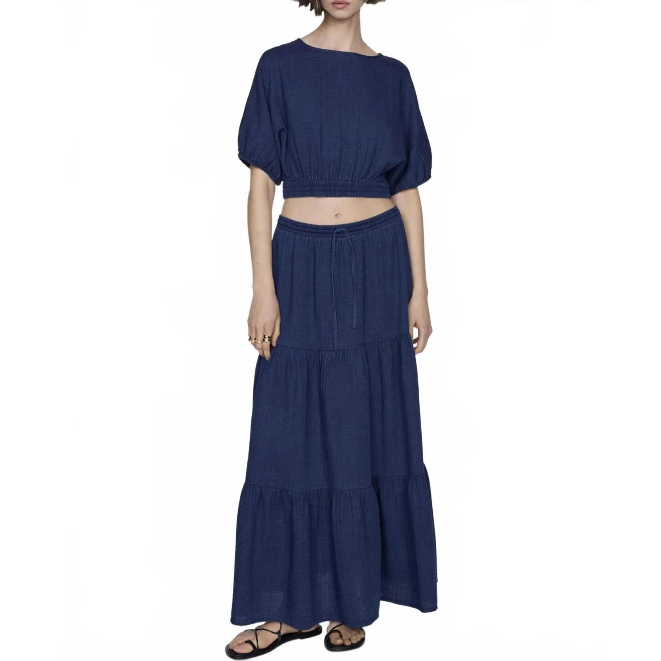 Mango Long Cotton Flared Skirt Night Blue NWT Large - Image 7