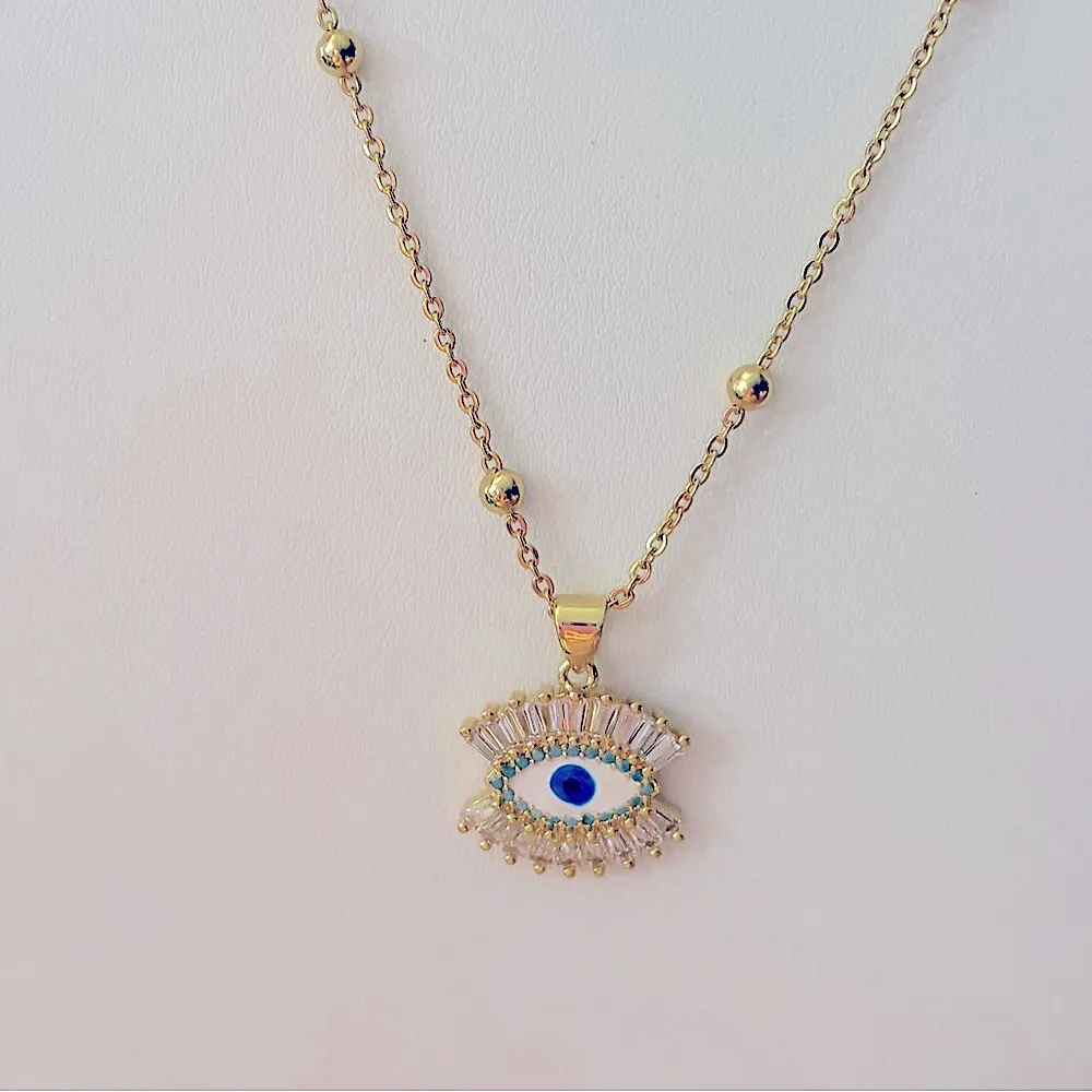 NEW Handmade Evil Eye Simulated Diamond Yellow‎ Gold Filled Necklace, 18-20” - Image 3