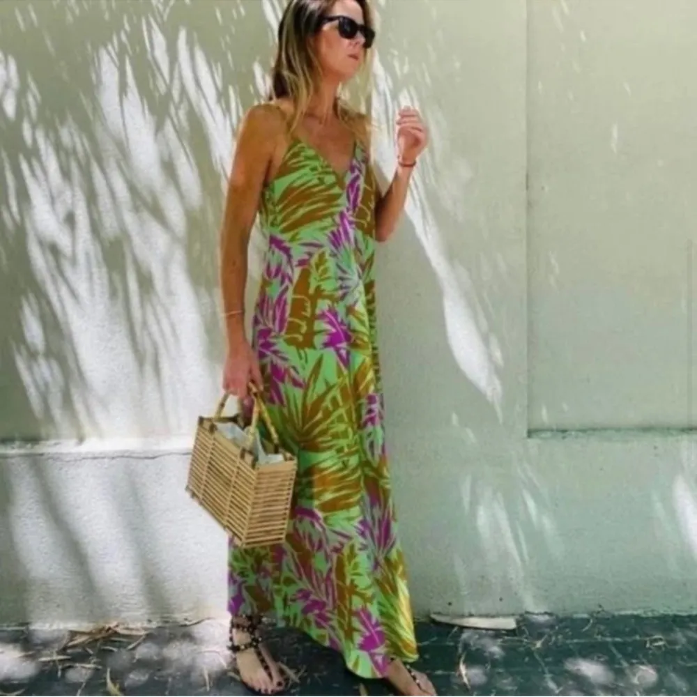 NWT ZARA Linen Floral Green Maxi Dress XS - Image 78