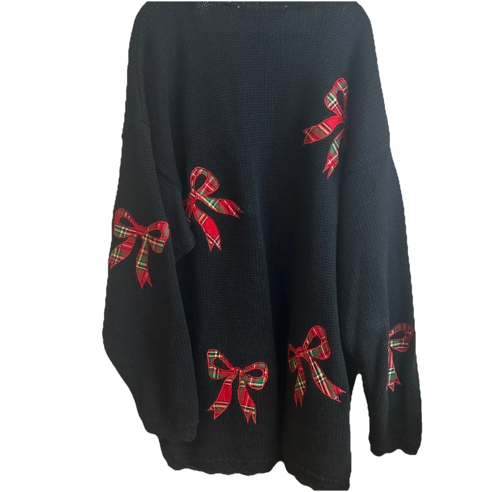 Vintage Bechamel Christmas Cardigan Sweater Plaid Bow Appliqué Ramie Cotton L Black Size L - Image 7