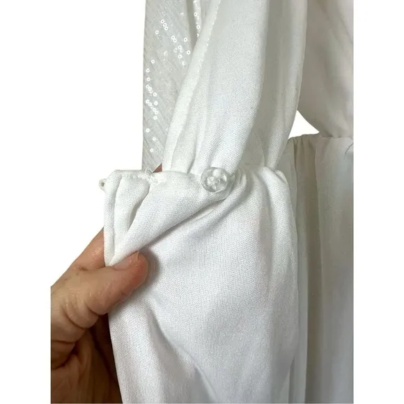 Maternity White Sequin Wrap Robe Dress Mini Blouson Sleeves Sparkle Party sz 12‎ - Image 10
