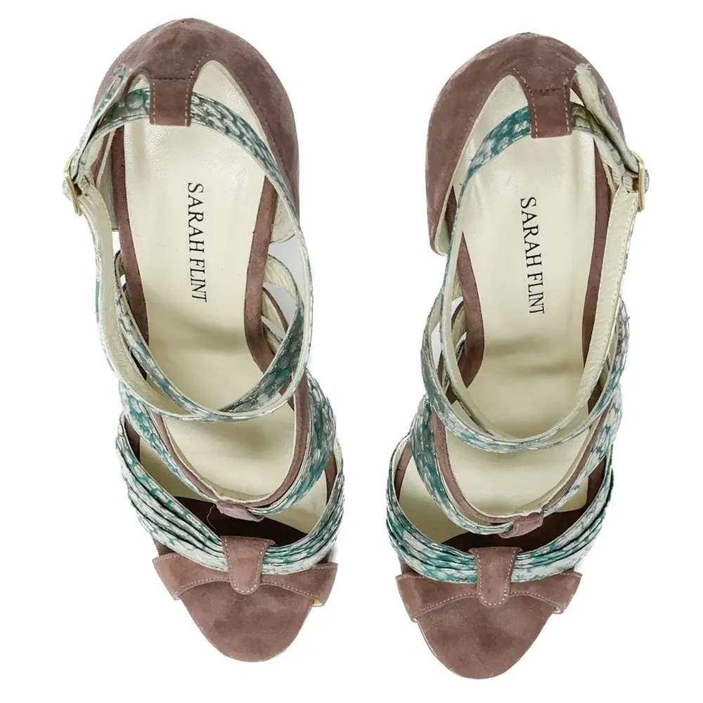 Sarah Flint Aqua Mauve & Gold Suede & Snakeskin Print Vilma Sandals size 37 - Image 6