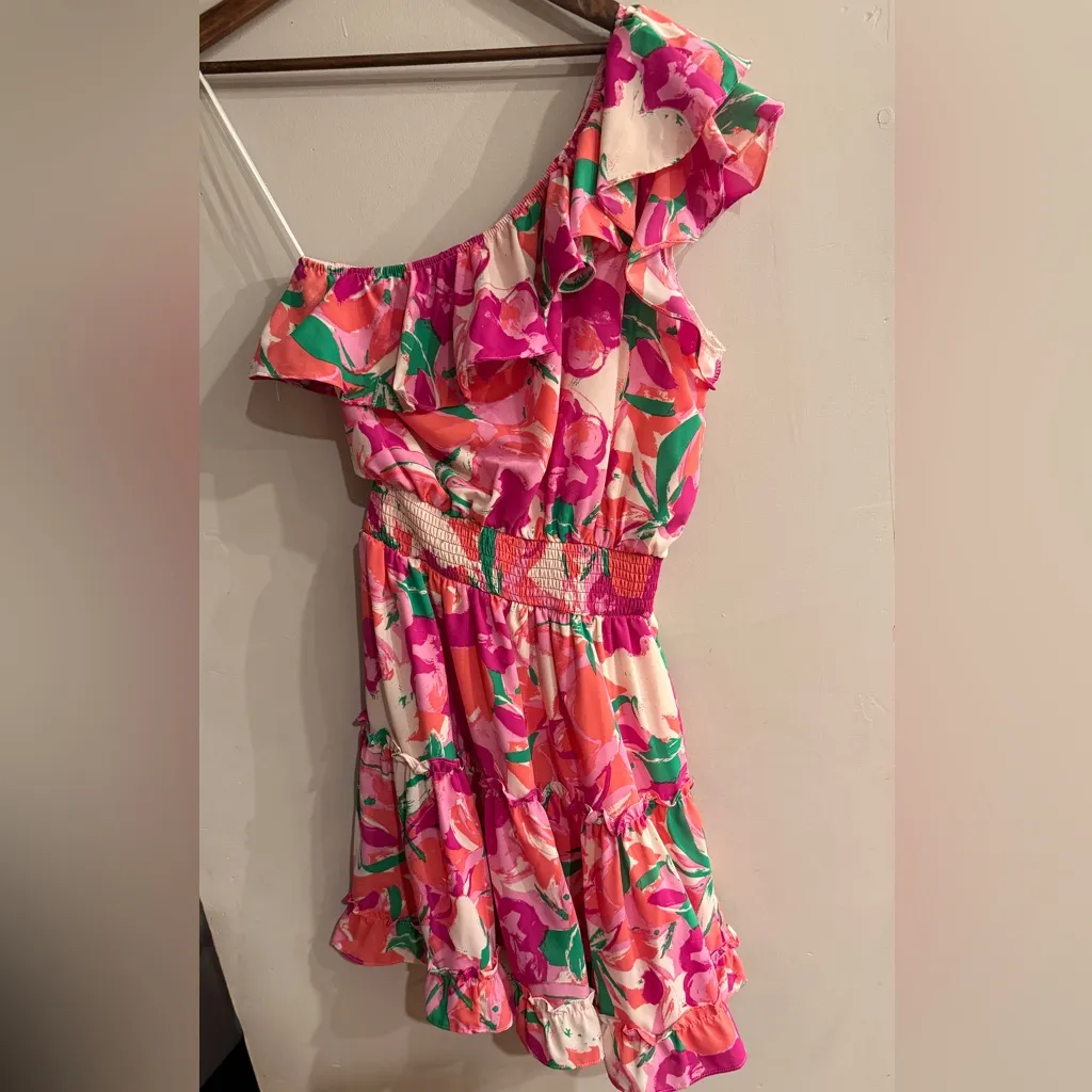 MEET ME IN SANTORINI Women's Pink Floral One Shoulder Ruffle Mini Dress Size L Size L - Image 2