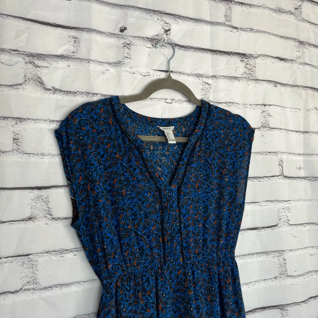 Forever 21 Blue Boho Floral Blouse Women’s Small Cap Sleeve Peplum Tunic Top Y2K - Image 3
