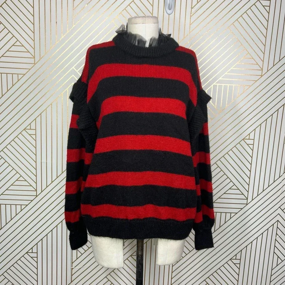 Zara Striped Sweater with Tulle Neck Red‎ Black Size Medium - Image 2