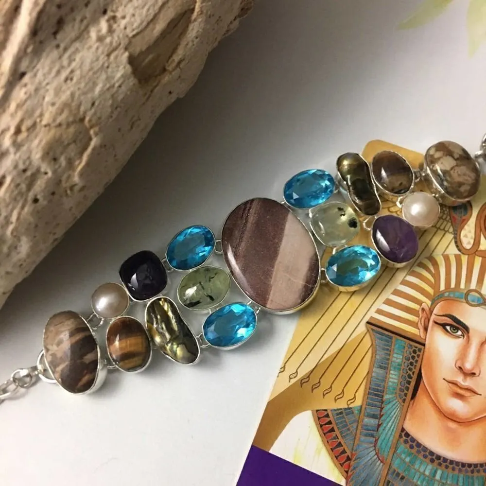 Agate, Blue Topaz, Pearl Mix Gemstone Sterling Silver Toggle Bracelet - Image 5