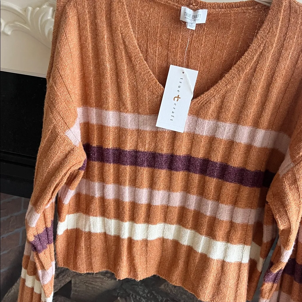 70s Vibe True Craft V-Neck Sweater - Brown and Cream Stripes Cropped New - Image 8