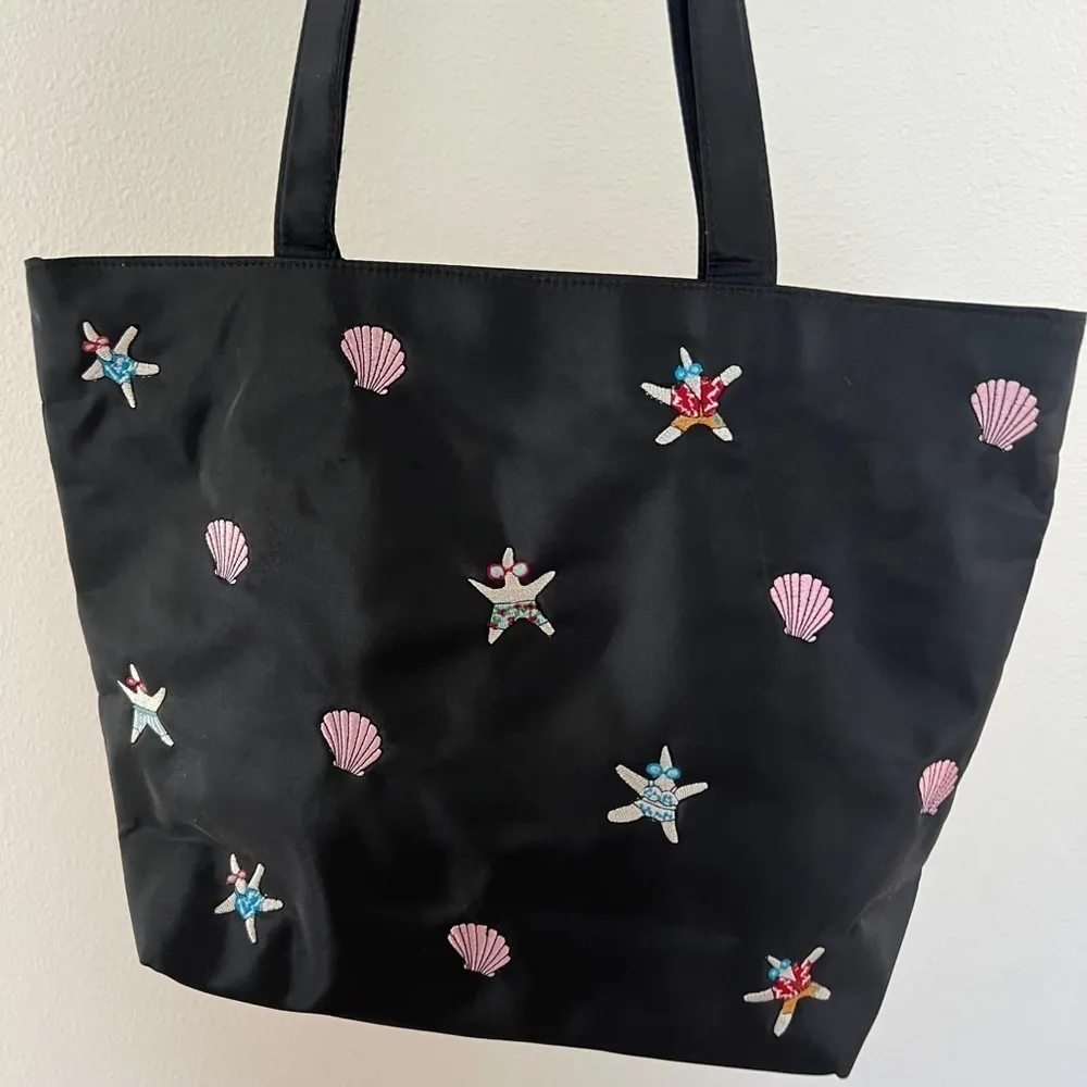 Vintage Y2K Shell Starfish Print Beachy Nylon Shoulder Bag Purse Black - Image 5