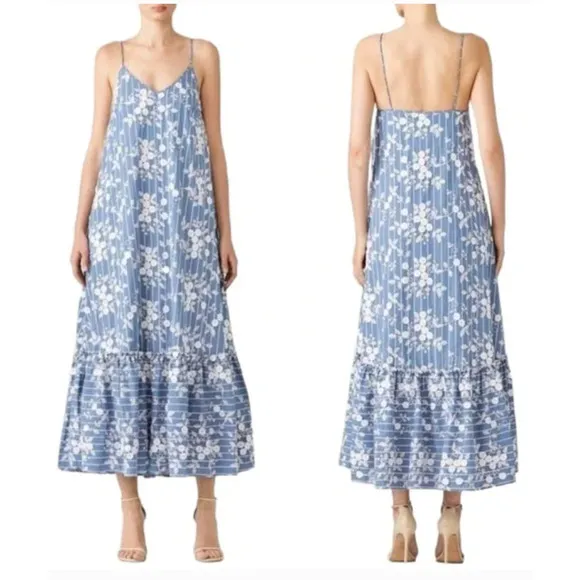 NICHOLAS Bloom Blue & White Floral Embroidered Striped Maxi Dress Size US 8 - Image 2