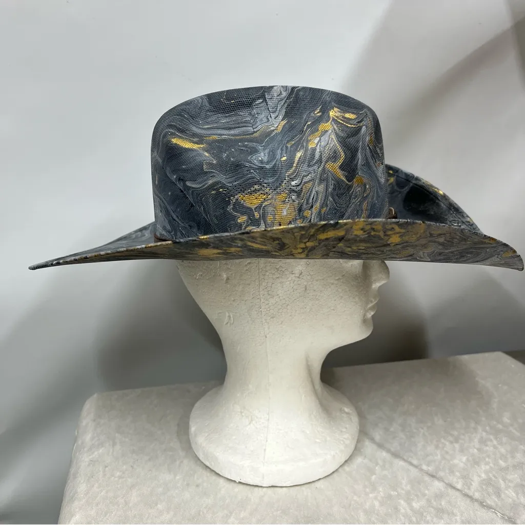 Distressed marble gold glazed Cowboy Hat w/Brown Leather Star concho Band unisex Blue Size M - Image 10