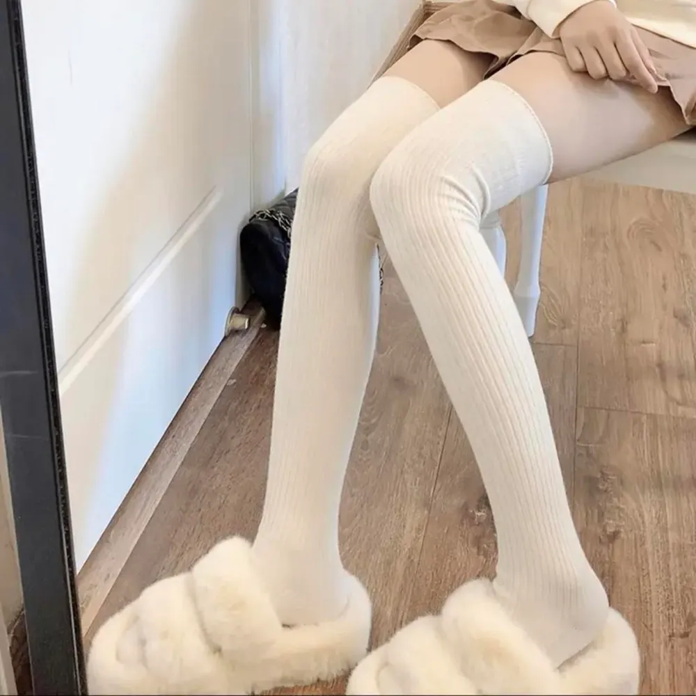 Beige Cozy Ribbed Thigh High Socks - Image 7