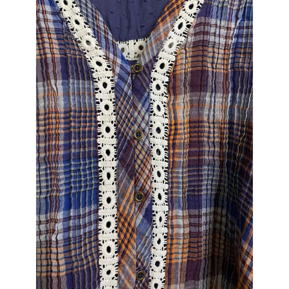 Holding Horses Dress Plaid Long Sleeve Button Up V Neck Boho Hi Lo Womens Large - Image 4