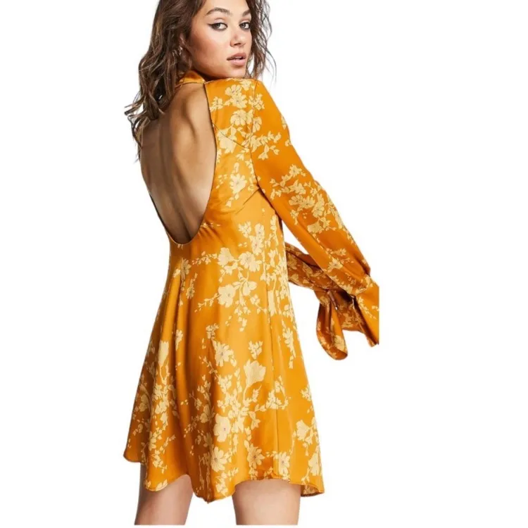 Free People Aries Floral High Neck Open Back Dress Gold Floral Boho Sz S‎ - Image 5