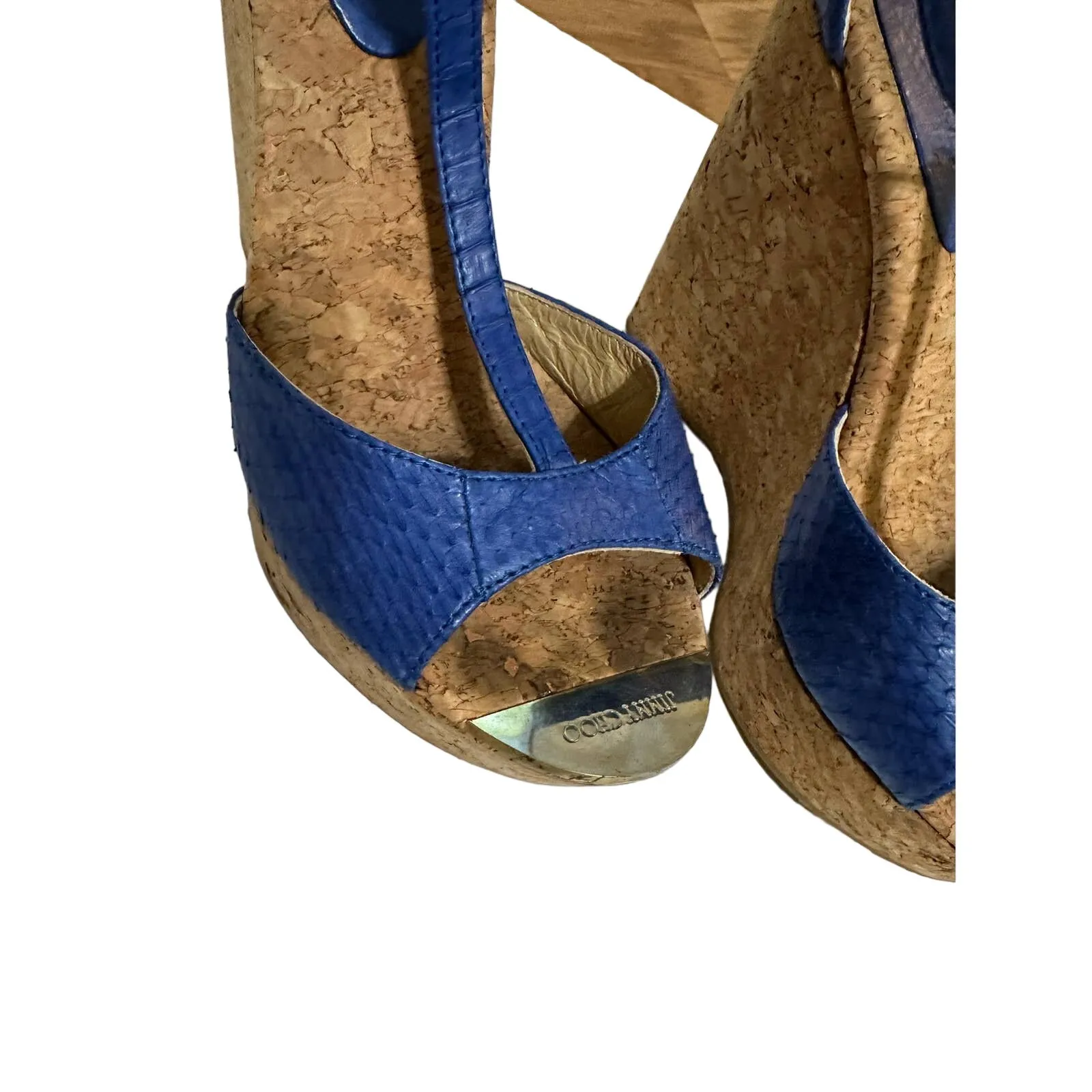 Jimmy Choo Women's Pela Blue Python Leather‎ Cork Wedge Sandals size 38 - Image 4