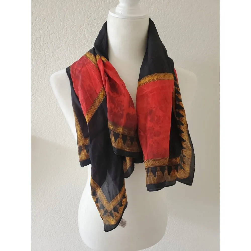 ECHO Scarf BAROQUE Squares Red Navy Blue Gold Tassle Print 100%‎ SILK w/Flaws - Image 6