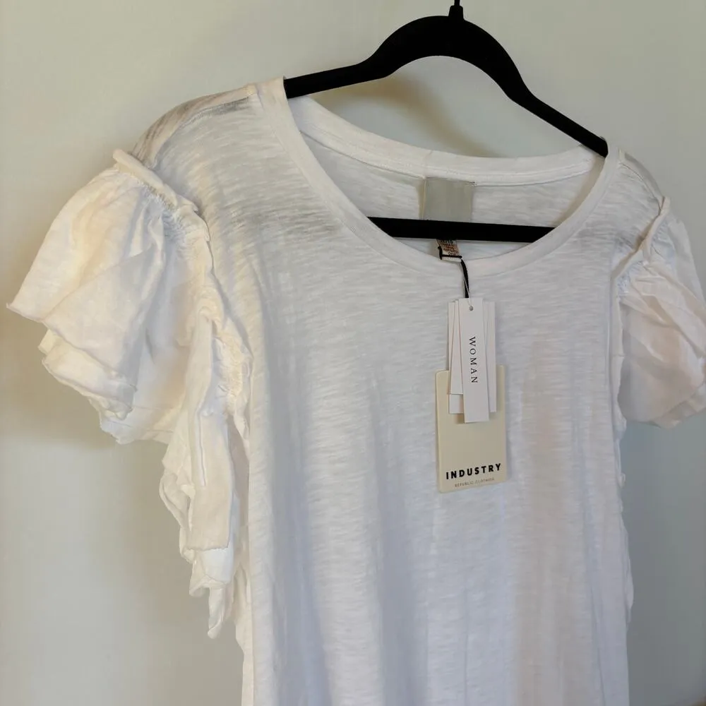 NWT Industry White Ruffle Flutter Sleeve Top Crewneck T - Image 4