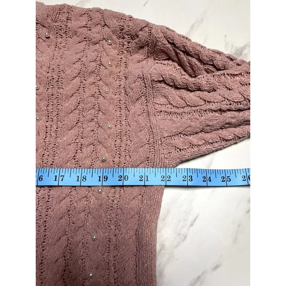 Cynthia Rowley Chunky Knit Pink Sweater with Pearls Pullover Girly Coquette Sz M - Image 9