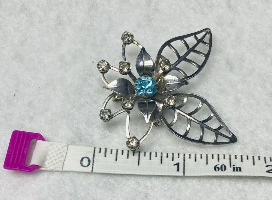Silver Tone Flower Pin Brooch Pendant Filagree Rivet Construction Rhinestones - Image 11