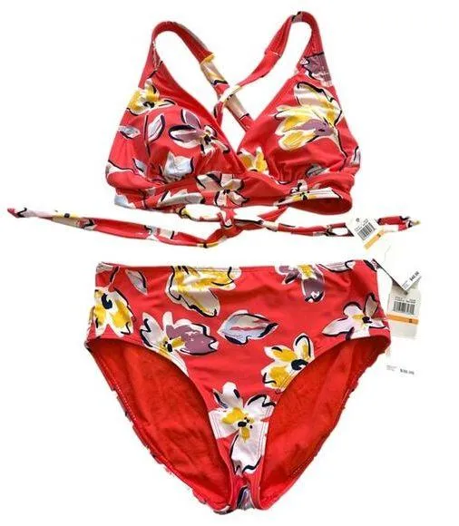 Catalina Bikini Set Red Floral Tie Back Top High Waisted Bottom Swim Small NEW - Image 1