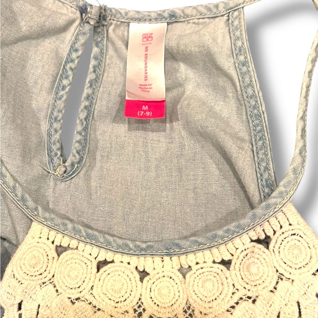 Chambray Crochet Lace Front Tank Top Med 7-9 Coastal Beach Boho Feminine - Image 3