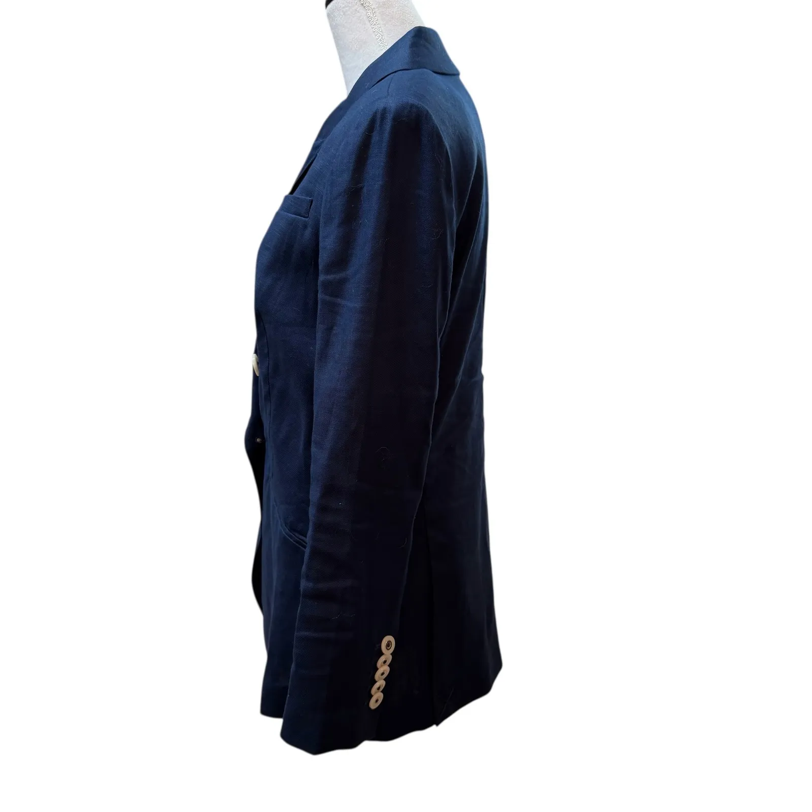 White House Black Market Double Breasted‎ Navy Linen Blend Blazer Size 6 - Image 2