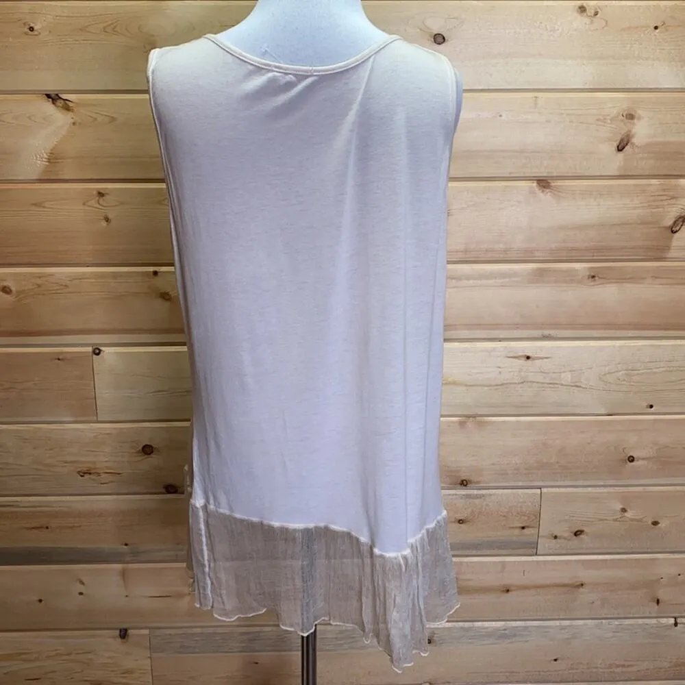 Sandal Made In Italy Cream Scoop Neck Blouse with Sheer Trim Bottom Size XL - Image 5