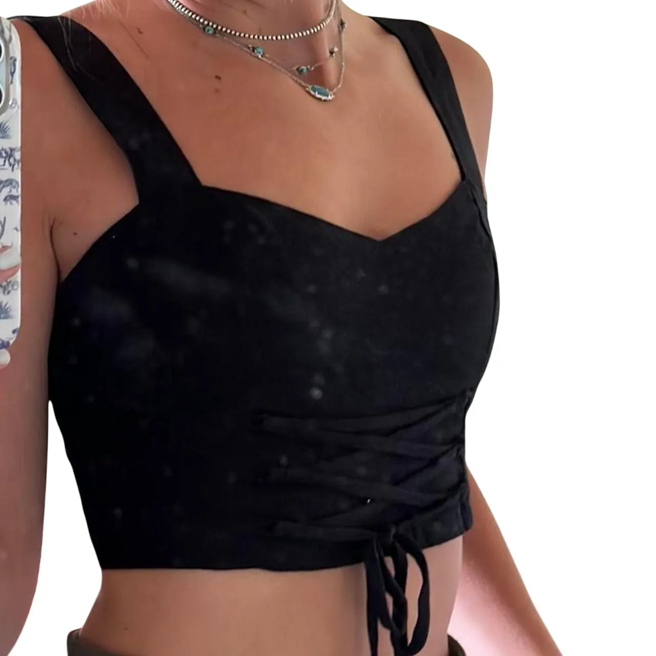 Abercrombie & Fitch Black Smocked Corset Lace Up Crop Top Tank Boho Size Small - Image 2