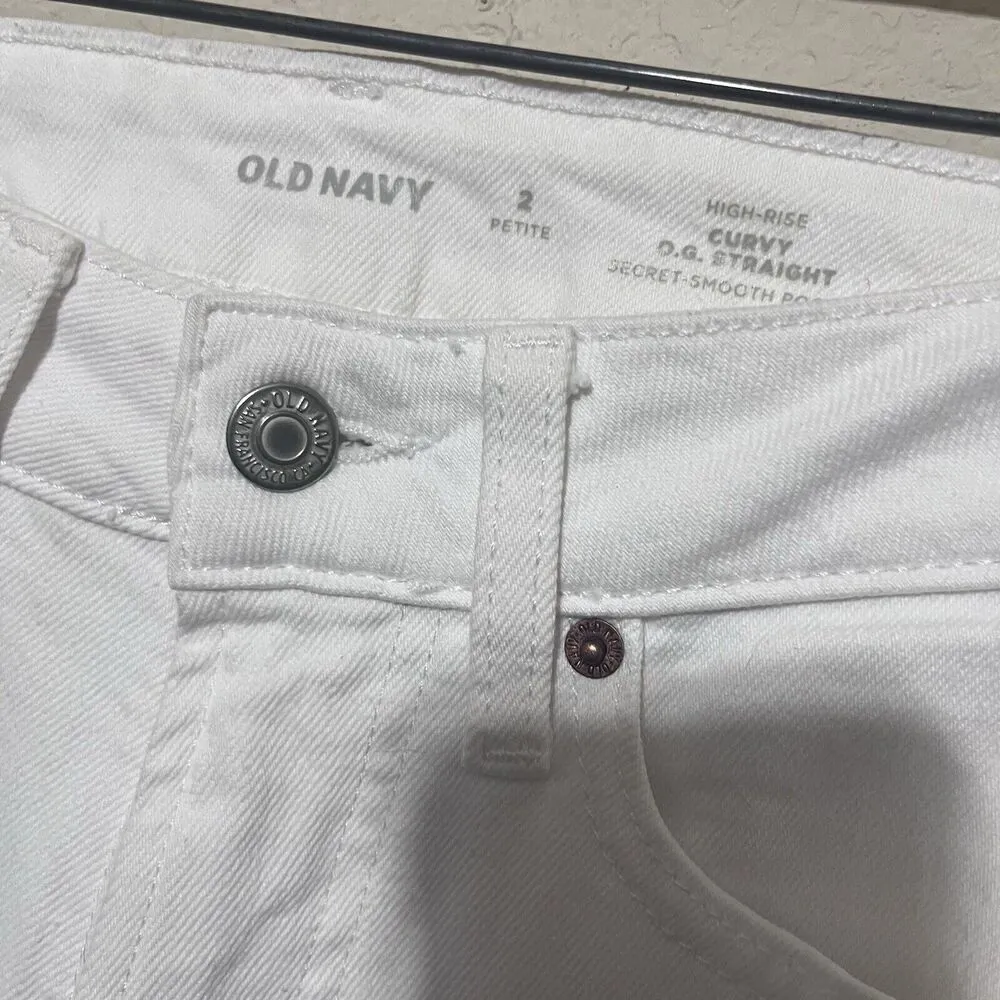 Old Navy high rise curvy OG straight jeans White Stretch Denim size 2P Raw Hem - Image 4