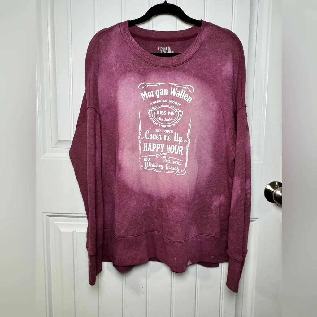 Time and Tru Morgan Wallen Washed Dye Burgundy Sweatshirt Pink Size L - Image 2