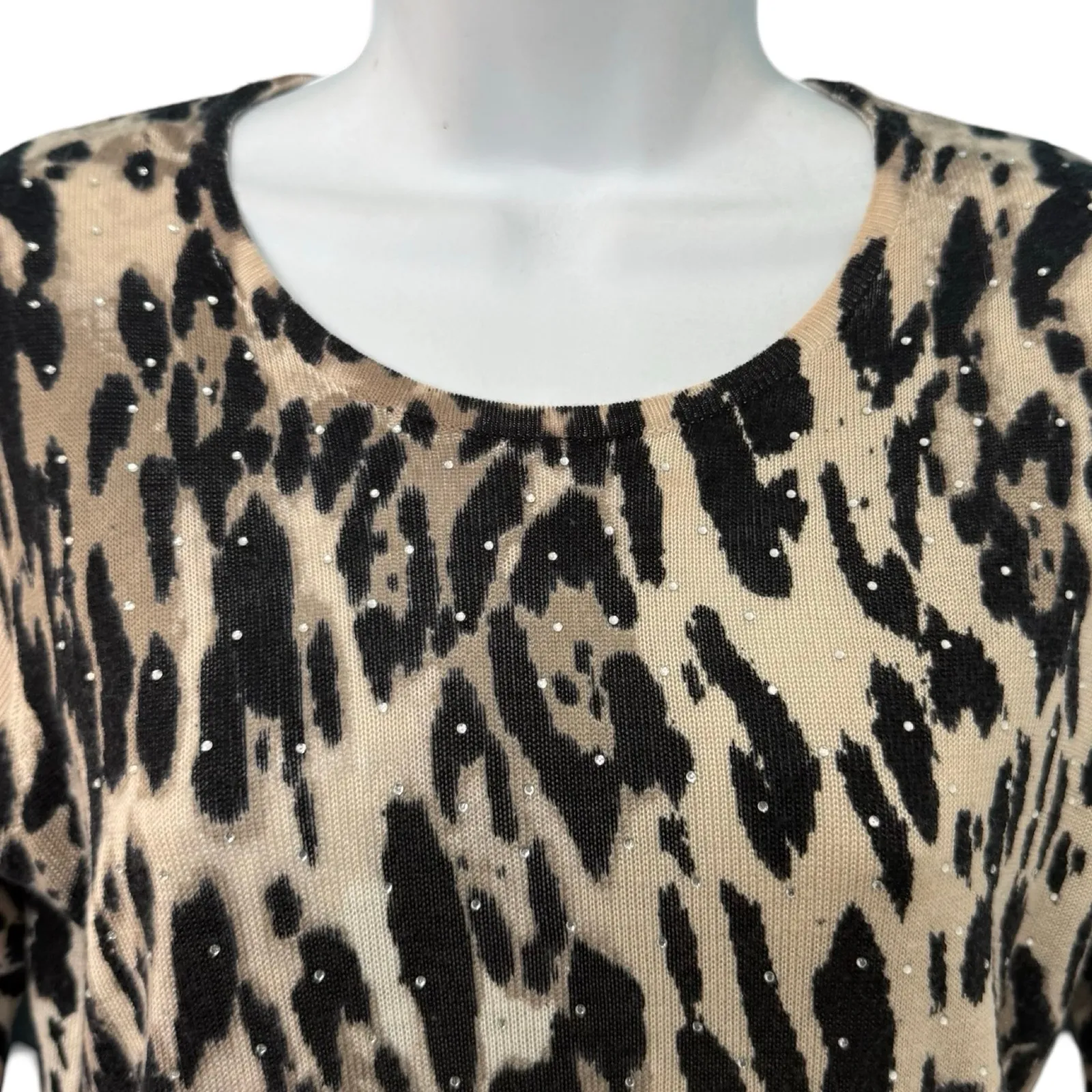 Vintage Leopard Print Lace Crew Neck Brown Black Rhinestone Knit Sweater size S - Image 6