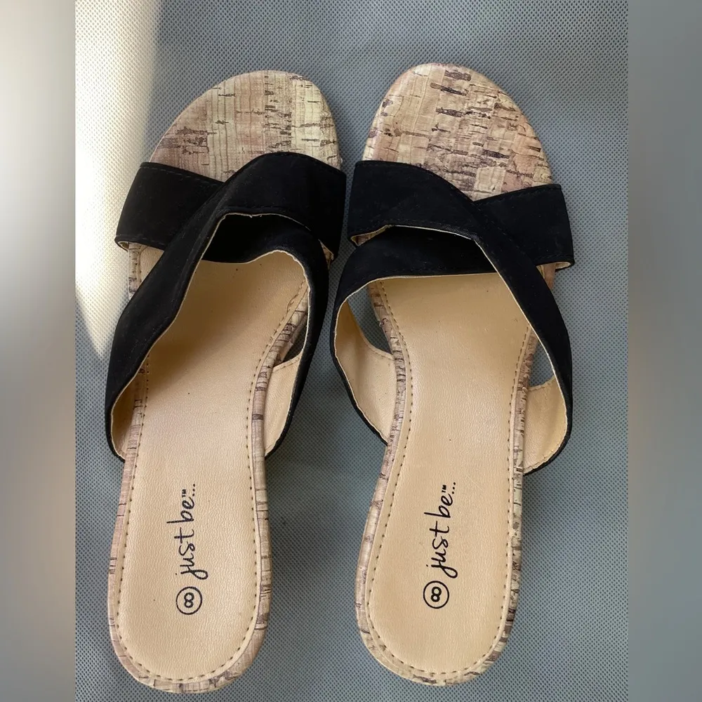 Women’s  Black Criss Cross Straps With Wedge Cork Heel Sandals - Image 2