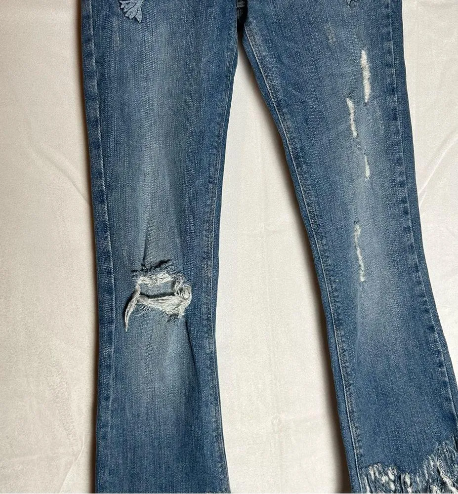 Zara Embroidered Floral Patch Raw Fringe Hem Distressed Denim Bootcut Jeans 00 - Image 6